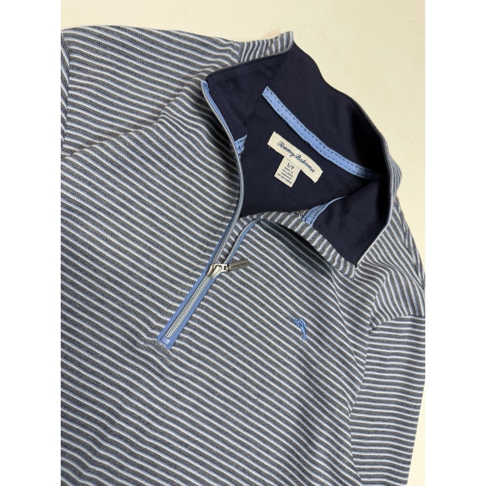 Tommy Bahama Black Gray Striped Quarter Zip Sweater Front Pockets Size Small Men